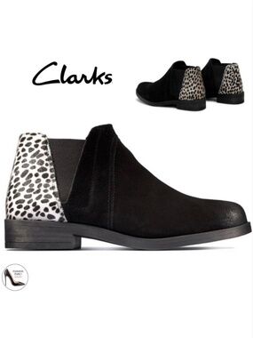 Clarks Demi2 Chelsea black suede bootie leather block heel round toe ankle boots